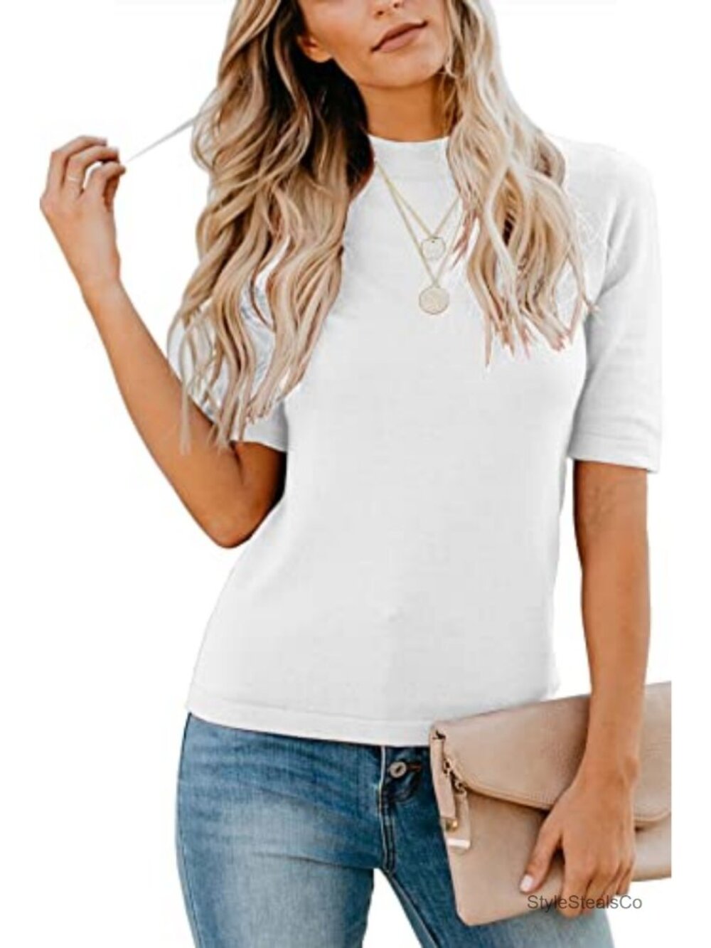 Women's Mock Neck Short Sleeve T-Shirt Cotton Blend Stretchable Dressy Casual